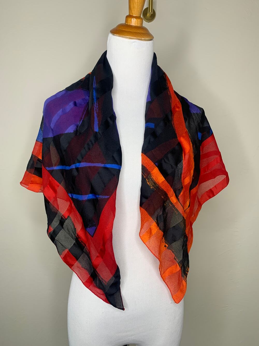 Vintage Italy Chiffon Bright Geometric & Stripe Scarf 35 x 33"
